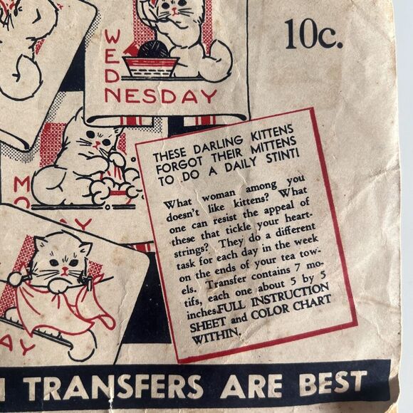 Vintage 1940’s Monarch Hot Iron Transfer Set Kitty Day of Week Dish Tea Towels - Picture 2 of 2